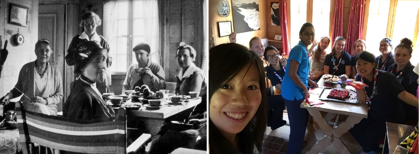 Having tea at Our Chalet: Then (with founder Helen Storrow) and Now (with Sue and friends)!