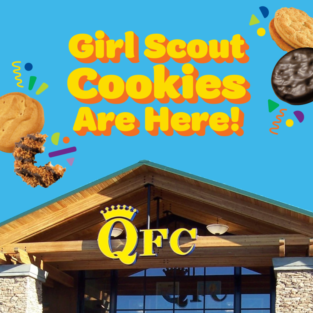 QFC store sign and rooftop beneath blue background with yellow words reading, "Girl Scout Cookies are here!"