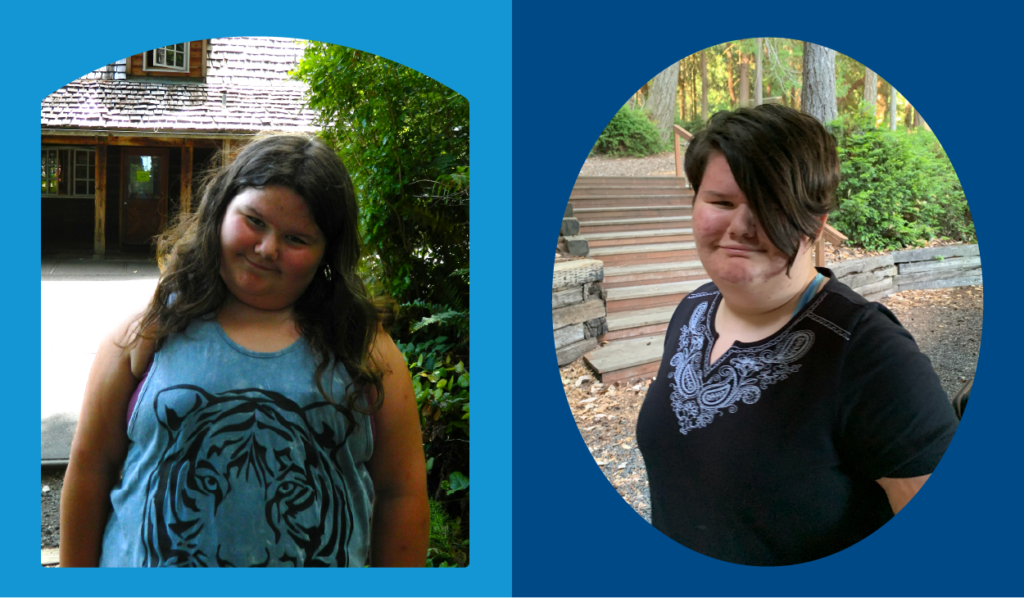 Two photos of Zeke growing up through Girl Scout camp.