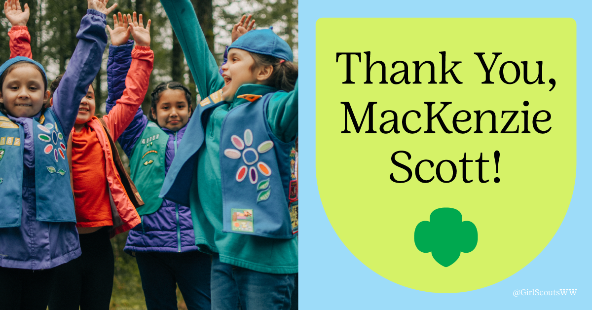 Three Girl Scouts with raised hands and text saying Thank You Mackenzie Scott