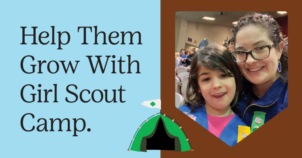 Two girl scouts smiling at camera. Graphic that says "Help them grow with Girl Scout camp"